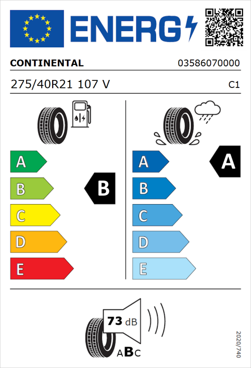 Tyre Label for Continental PremiumContact 6 CS 275/40R21 107V