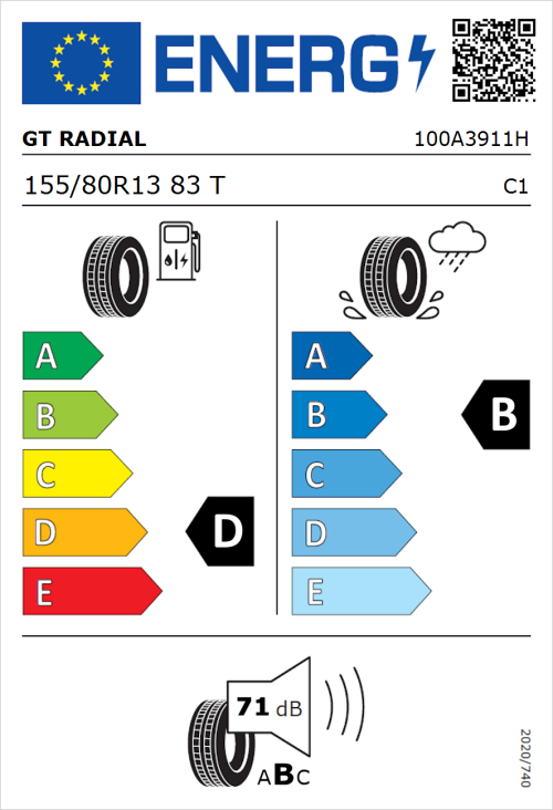 Tyre Label for GT Radial FE1 City 155/80R13 83T